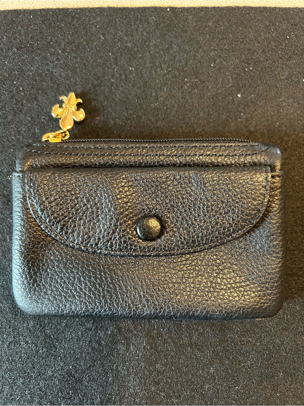 Talbots Black Pebbled Leather Wallet Multicolor Polka Dot Fleur-de-lis Card Case